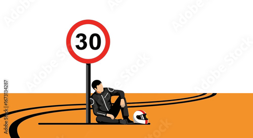 Motorcyclist Taking A Rest Beside A Speed Limit Sign On An Orange Surface