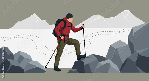 Mountaineer Ascends Rocky Terrain on A Challenging Expedition Towards the Summit