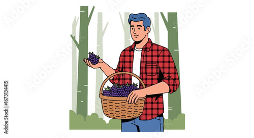 Man Harvesting Grapes And Holding A Basket In A Forest Environment