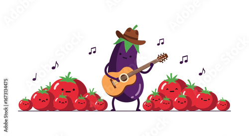 Musical Aubergine Performs For Cheerful Tomato Chorus In A Whimsical Concert Setting