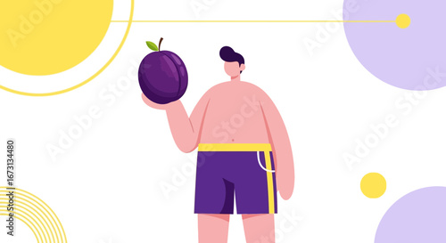 Man Holding A Perfectly Ripe Plum in Hand on A Colorful Abstract Background