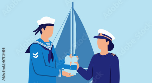 Nautical Professionals Sharing Refreshments Beside a Simplistic Symbolic Sailboat