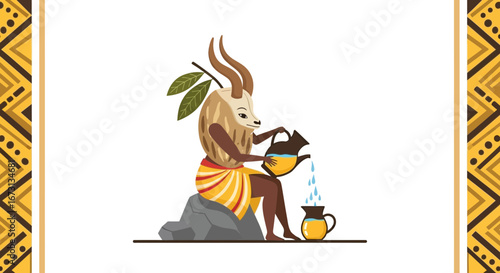 Mystical Creature Pouring Liquid from the Vessel, Folklore African Art Style Illustration