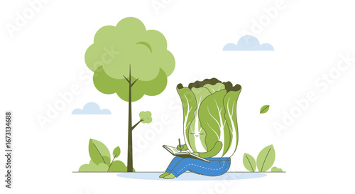 Nature's Poet: A Whimsical Lettuce Character Composing Thoughts Under a Lush Green Tree