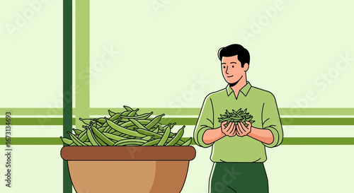 Man Holding Green Beans with Plenty Beside Him in a Brown Pot, Healthy Choice