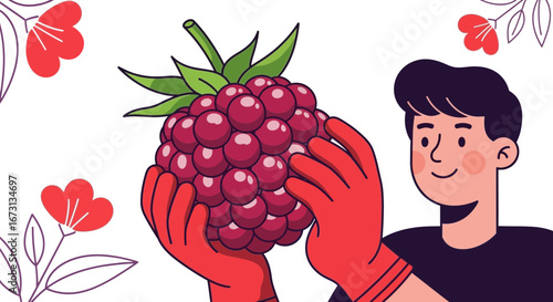 Man Holding Freshly Harvested Blackberry, Decorated With Red Floral Elements