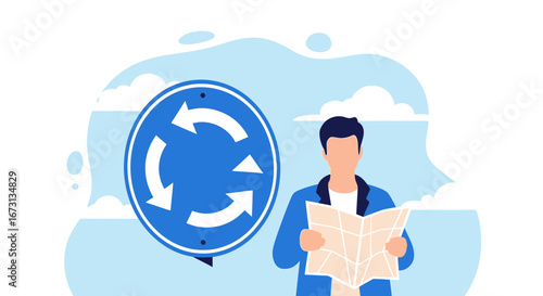 Navigating The Roundabout: A Traveler Checking Map Near Road Sign for Guidance