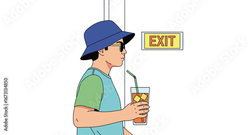 Man in Hat and Sunglasses Exiting Holding Refreshing Drink Near Exit Sign
