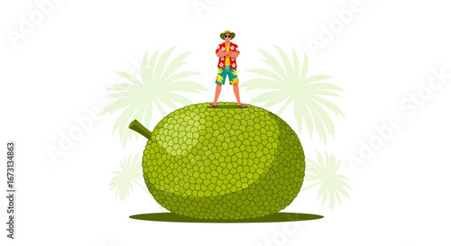 Man In Summer Clothes Standing On A Large Jackfruit With Palm Trees
