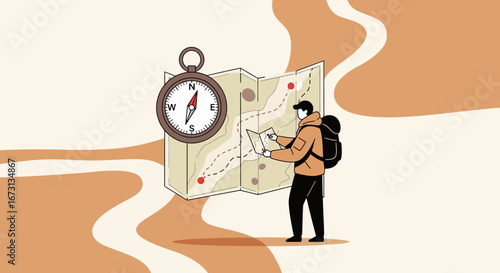 Navigating The Unknown: A Traveler Plotting Their Course With Compass and Cartography