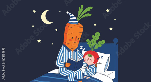 Nighttime Storytime: Adorable Vegetable Characters Reading Before Sleep Under The Stars