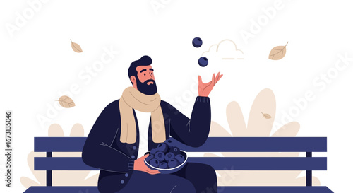 Man Jugglies Blueberries While Relaxing On A Bench In An Autumnal Scene