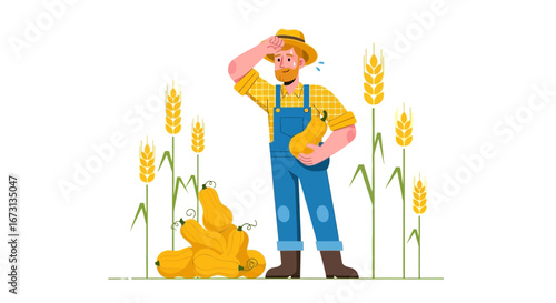 Observant Farmer Reviewing Crop Yield: Sunlit Harvest Scene Amidst the Golden Wheat