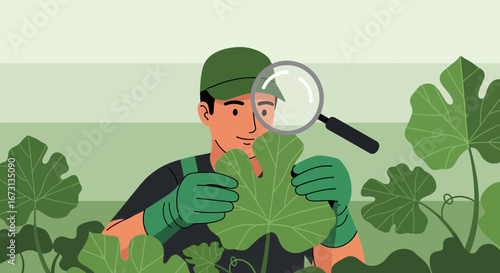 Observing Foliage: A Gardener's Meticulous Inspection Using Magnifying Glass Illustration