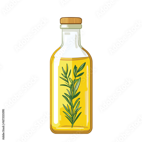 flat vector of olive oil bottle with sprig of rosemary