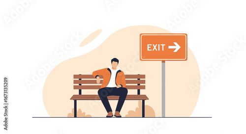 Man On Bench With Exit Sign Visualizing Despair Or Waiting And Contemplation