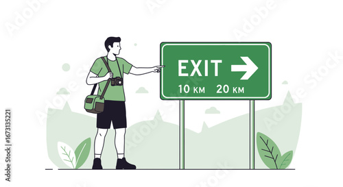 Man Photographer Pointing Towards Exit Sign During Travel Illustration Design