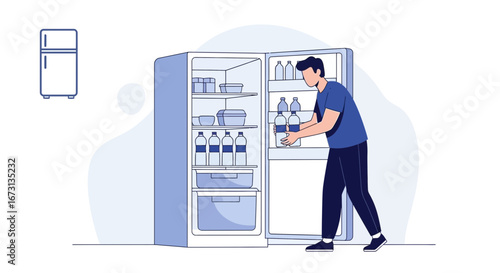 Man Organizing Water Bottles In Refrigerator, Household Chores, Refreshment Illustration