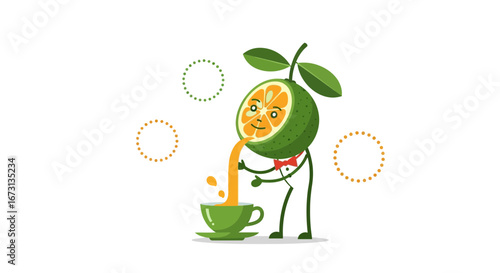 Orange Cartoon Character Pouring Citrus Juice Into a Cup for Refreshing Drinks
