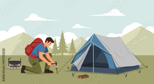 Man Pitching A Tent Outdoors During Ideal Weather For A Camping Adventure