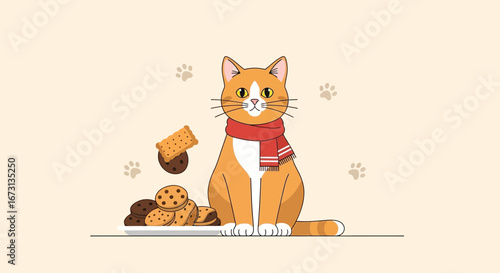 Orange Cat Adorned With Scarf Beside Delicious Cookies for Festive Celebrations