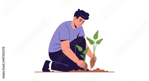 Man Planting Sapling In The Soil, Gardening Concept With Eco Awareness And Environment