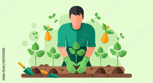 Man Planting Saplings in a Garden, Cultivating Growth, And Nurturing Greenery