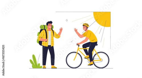 Outdoor Recreation and Meeting: A Simple Illustration Depicting Adventure and Cycling Enjoyment