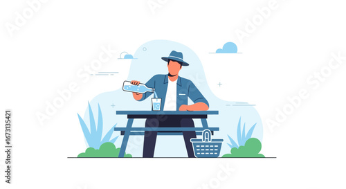 Man Pouring Water In A Glass At A Picnic Table In Flat Design Illustration Style