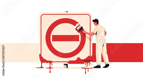 Painter Creating Prohibition Sign Demonstrating Restriction And Preventative Measures For Safety
