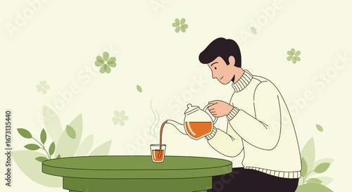 Man Pours Tea Into Glass, A Moment Of Relaxation And Soothing Beverage Enjoyment