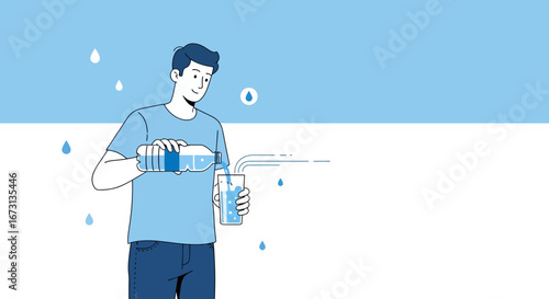 Man Pours Refreshing Water From a Bottle Into a Glass to Quench His Thirst