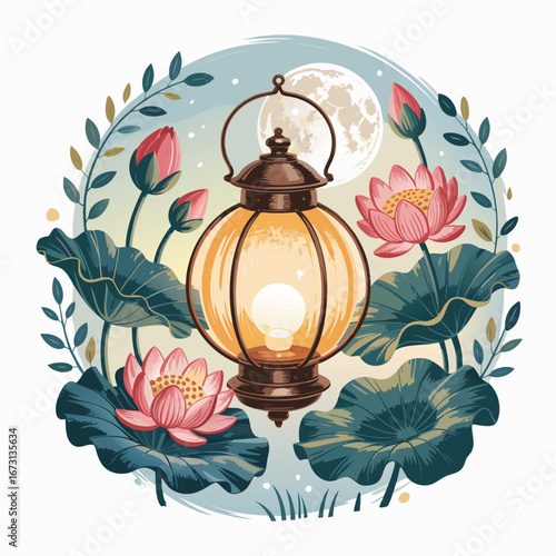 Vintage lantern glowing among blooming lotuses under a full moon