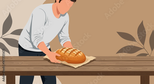 Man Preparing Fresh Artisan Bread on a Rustic Table, Illustration with Natural Themes