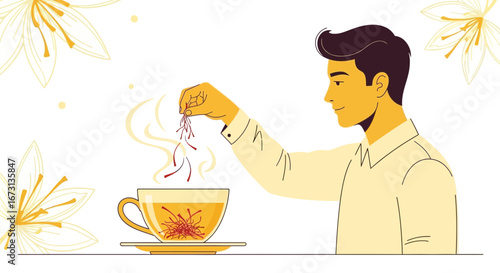 Man Preparing Saffron Tea, Illustration: Health and Herbal Beverage Preparation Concept