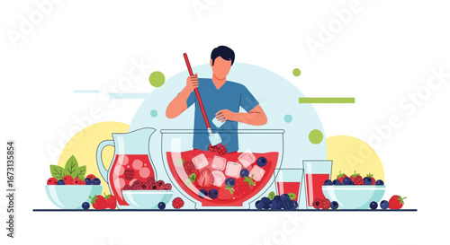 Man Preparing Refreshing Summer Berry Drink With Ice Cubes And Fresh Fruits