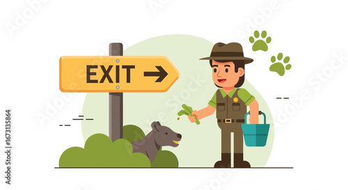 Park Ranger Guides Bear Towards Exit Sign, Promoting Wildlife Conservation Initiatives