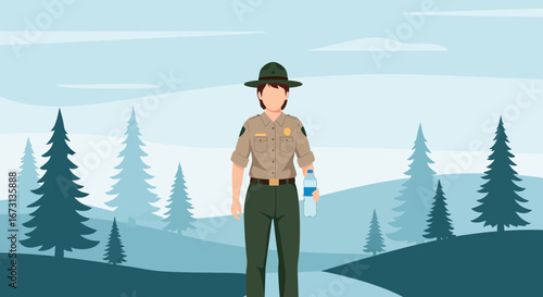 Park Ranger Standing In A Forest With A Bottle Of Water, Outdoor Scenery