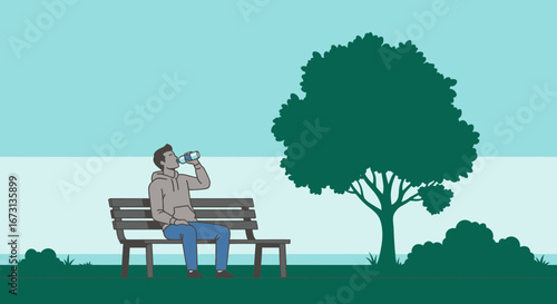 Park Refreshment: A Man Rehydrating While Relaxing On A Bench During A Sunny Day Outdoors