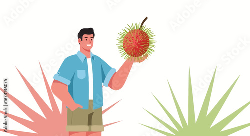 Man Presenting Exotic Rambutan Fruit In A Simplified Geometric Illustration