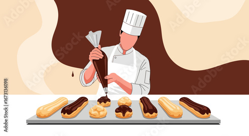 Pastry Chef Artfully Decorates Sweet Eclairs, Preparing Delicious Treats With Precision
