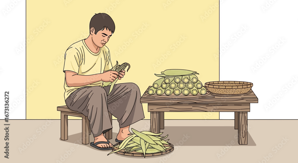 Fototapeta premium Man Processing Freshly Harvested Corn to Prepare Food on Wooden Table With Basket
