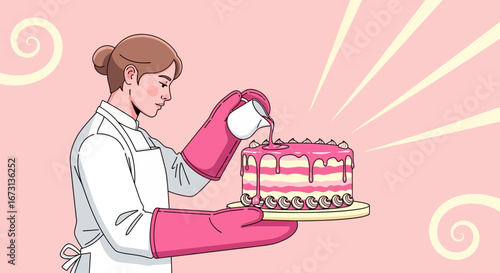 Pastry Chef Decorating a Layered Cake with Pink Icing in a Stylishly Designed Illustration