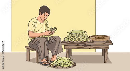 Man Processing Freshly Harvested Corn to Prepare Food on Wooden Table With Basket