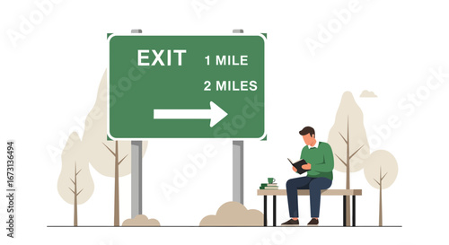 Man Reads Under Roadside Exit Sign Surrounded By Neutral Background Trees
