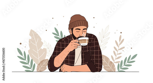 Man Relaxes Drinking Coffee Amongst Botanical Elements in Vector Illustration Style