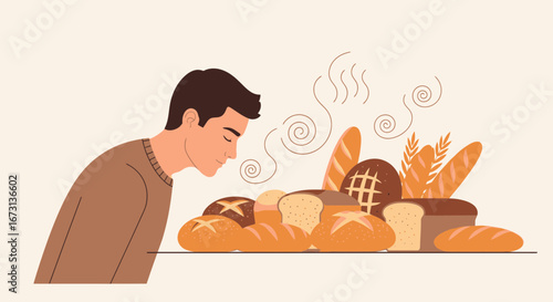 Man Relaxes and Inhales the Aroma of Freshly Baked Bread, A Culinary Delight