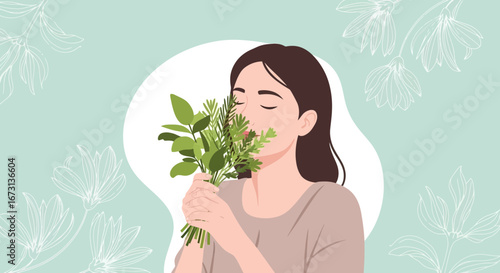 Peaceful Woman Smelling Fresh Herbs, Botanical Theme with Serene Green Background