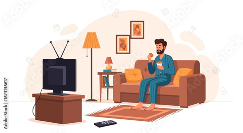 Man Relaxes Watching Television, Eating Snacks And Enjoying A Cozy Night At Home