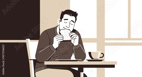 Man Relaxes While Having Breakfast Enjoying Slice Of Toast With A Cup Of Coffee